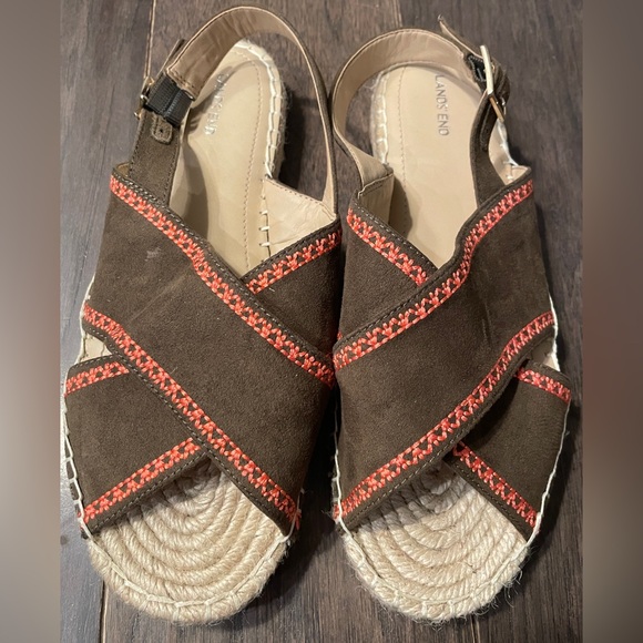 Lands' End Shoes - Lands End Women's Size 8.5B Brown Suede Pink Trim Sling Back Espadrille
